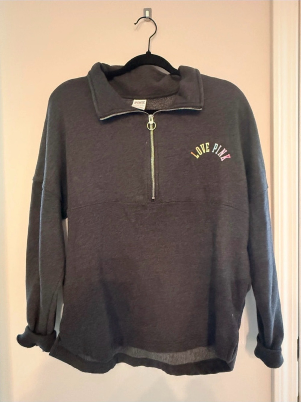 PINK Victoria's Secret Charcoal Half-Zip Pullover with 'LOVE PINK' Logo